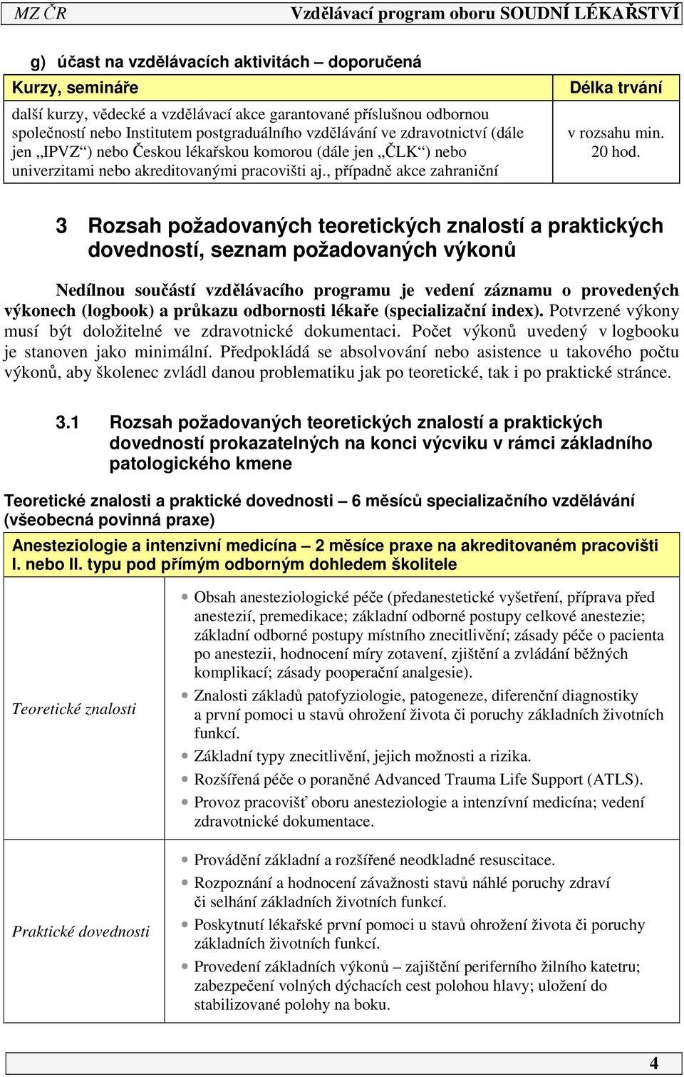 3 Rozsah požadovaných teoretických znalostí a praktických dovedností, seznam požadovaných výkonů Nedílnou součástí vzdělávacího programu je vedení záznamu o provedených výkonech (logbook) a průkazu