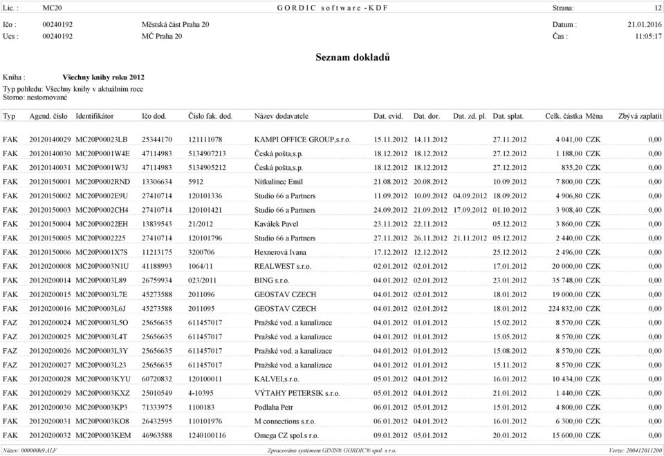 08.2012 20.08.2012 10.09.2012 7 800,00 CZK 0,00 FAK 20120150002 MC20P0002E9U 27410714 120101336 Studio 66 a Partners 11.09.2012 10.09.2012 04.09.2012 18.09.2012 4 906,80 CZK 0,00 FAK 20120150003 MC20P0002CH4 27410714 120101421 Studio 66 a Partners 24.