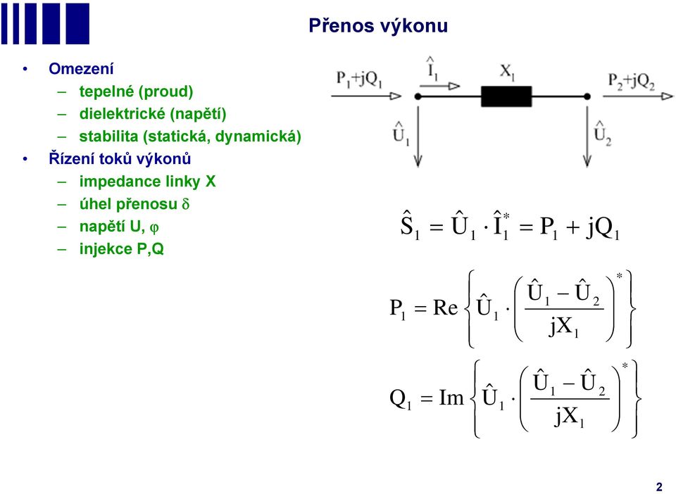 toků výkonů impedance inky úhe přenosu napětí,