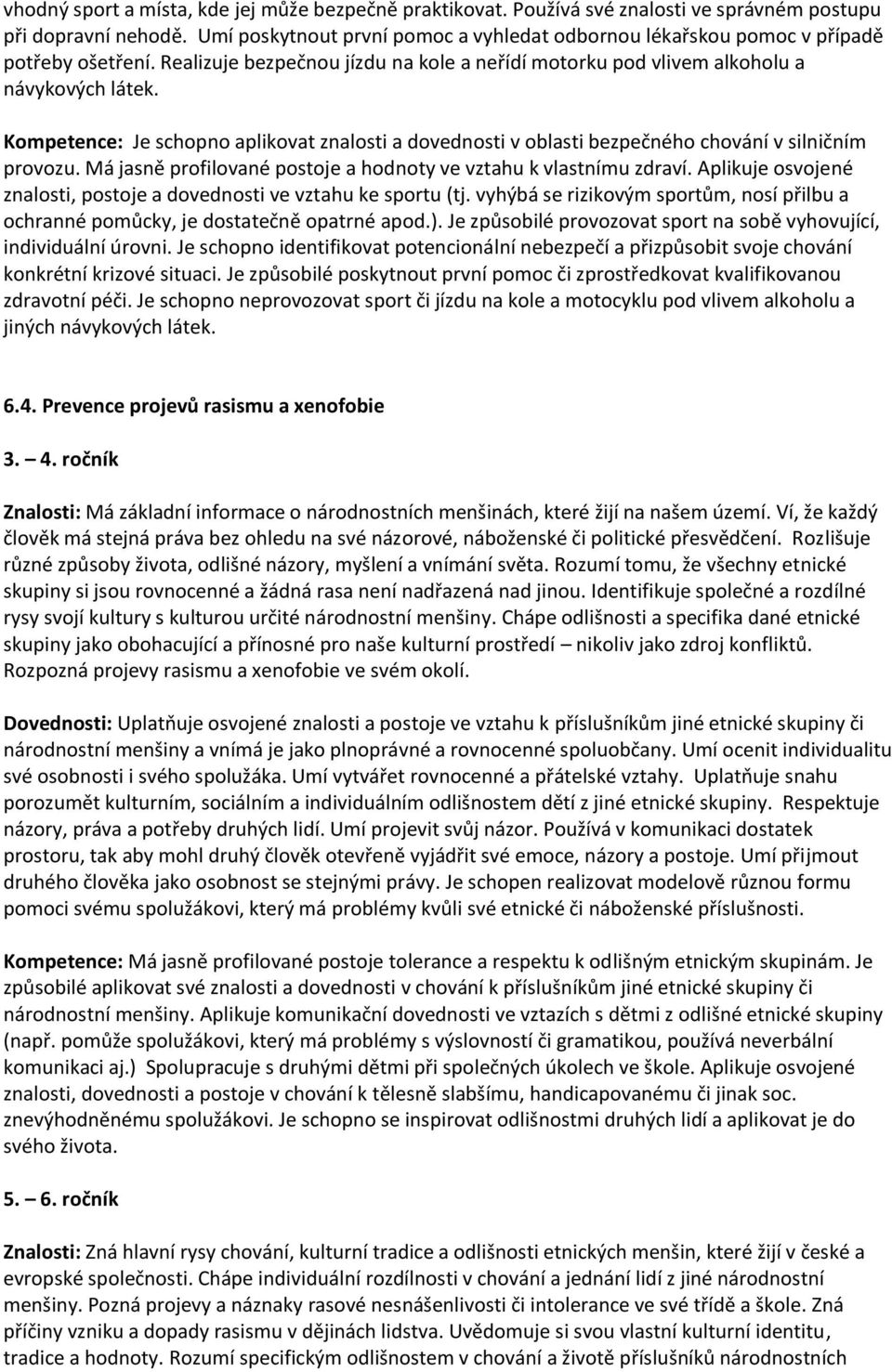 Kompetence: Je schopno aplikovat znalosti a dovednosti v oblasti bezpečného chování v silničním provozu. Má jasně profilované postoje a hodnoty ve vztahu k vlastnímu zdraví.