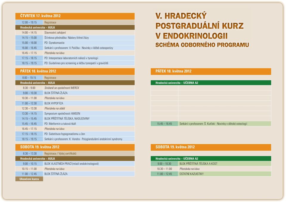 15 PD: Guidelines pro screening a léčbu tyreopatií v graviditě PÁTEK 18. května 2012 PÁTEK 18. května 2012 8.00 19.15 Registrace Hradecká univerzita AULA Hradecká univerzita UČEBNA A2 8.30 9.