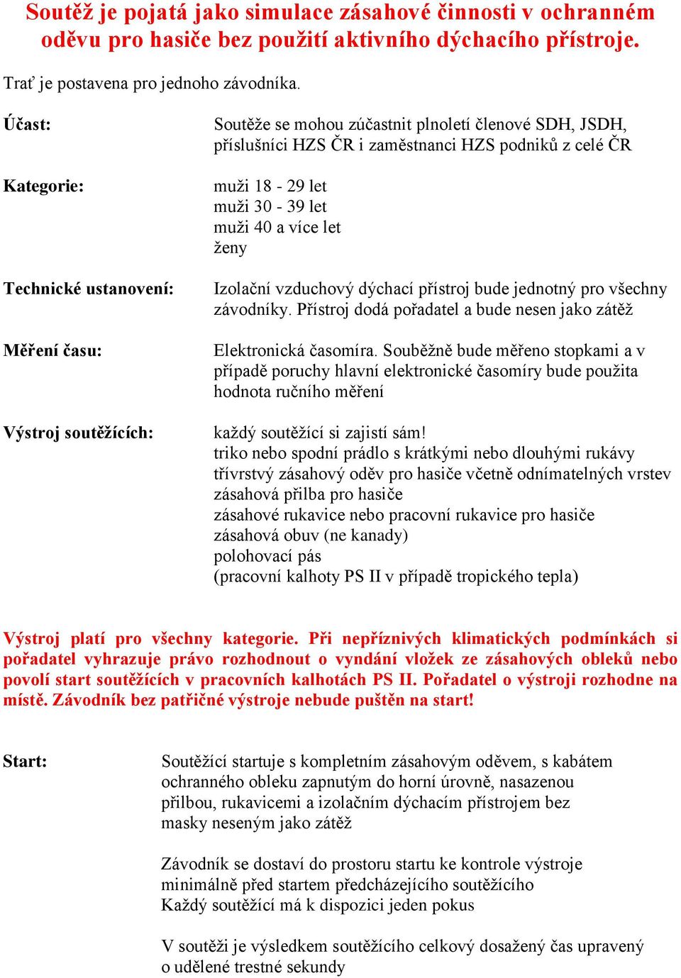 muži 30-39 let muži 40 a více let ženy Izolační vzduchový dýchací přístroj bude jednotný pro všechny závodníky. Přístroj dodá pořadatel a bude nesen jako zátěž Elektronická časomíra.