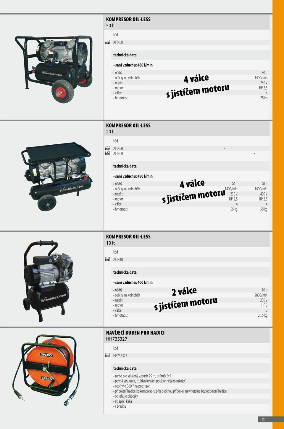 ATT410 sání vzduchu: 400 l/min nádrž 10 lt otáčky na volnoběh 2800/min napětí 230 V motor HP 2 válce 2 26,5 kg 2 válce s jistíčem motoru Navíjecí buben pro hadici HH735327 HH735327 turbo pro stlačený