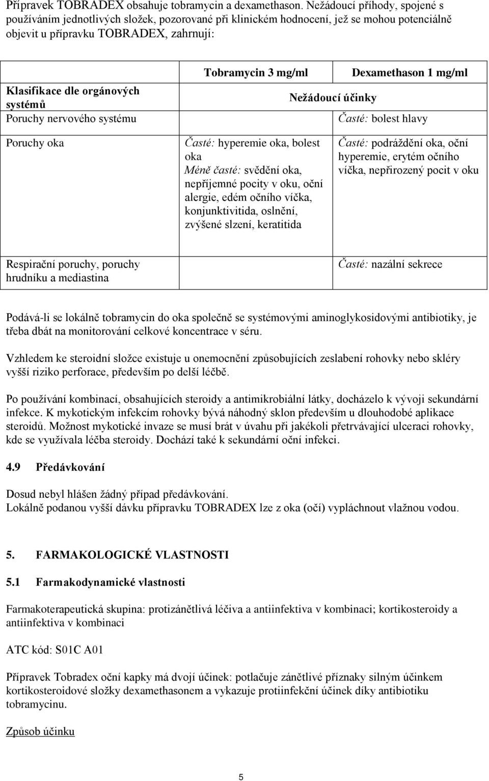 Poruchy nervového systému Tobramycin 3 mg/ml Dexamethason 1 mg/ml Nežádoucí účinky Časté: bolest hlavy Poruchy oka Časté: hyperemie oka, bolest oka Méně časté: svědění oka, nepříjemné pocity v oku,