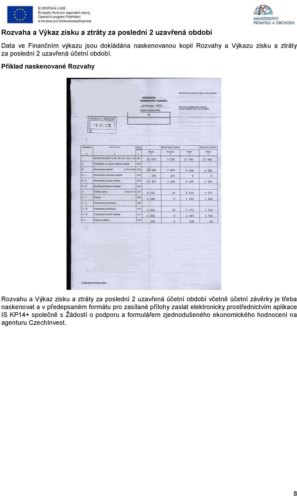 Příklad naskenované Rozvahy Rozvahu a Výkaz zisku a ztráty za poslední 2 uzavřená účetní období včetně účetní závěrky je třeba