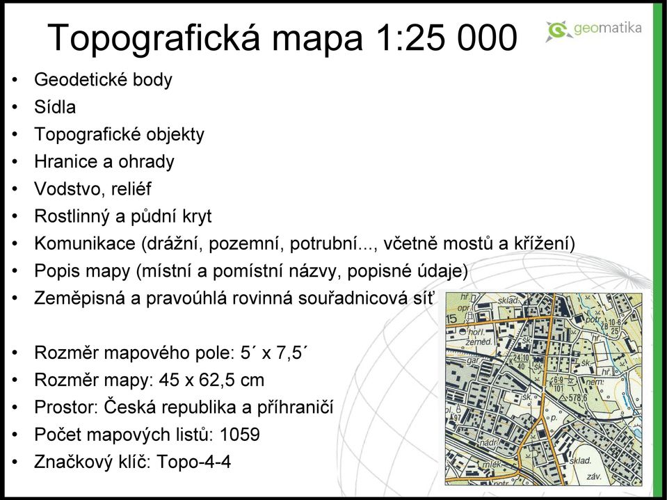 .., včetně mostů a křížení) Popis mapy (místní a pomístní názvy, popisné údaje) Zeměpisná a pravoúhlá