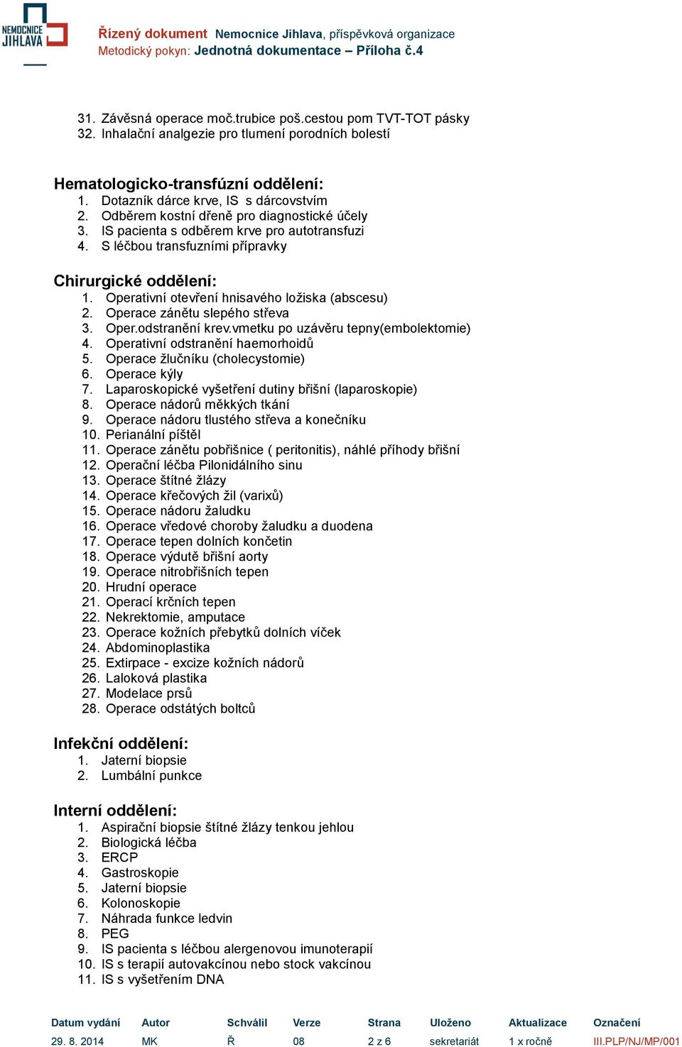 Operativní otevření hnisavého ložiska (abscesu) 2. Operace zánětu slepého střeva 3. Oper.odstranění krev.vmetku po uzávěru tepny(embolektomie) 4. Operativní odstranění haemorhoidů 5.
