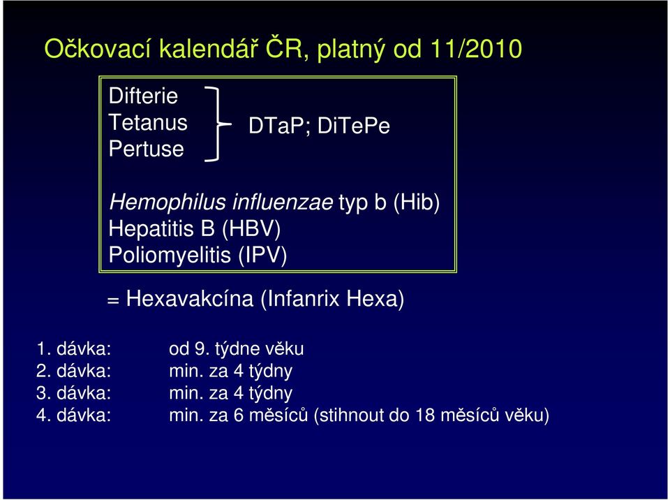 Hexavakcína (Infanrix Hexa) 1. dávka: od 9. týdne věku 2. dávka: min.