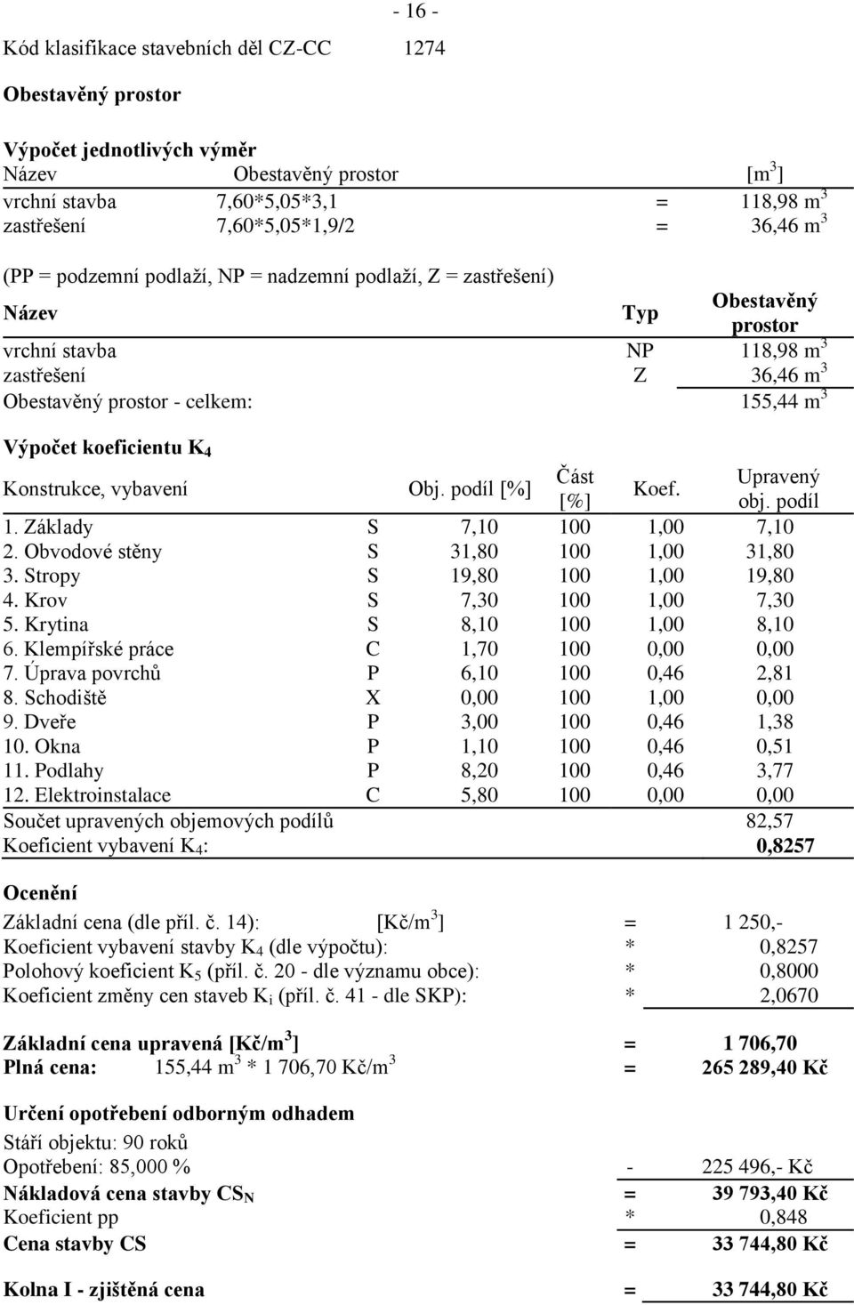 Výpočet koeficientu K 4 Konstrukce, vybavení Obj. podíl [%] Část Upravený Koef. [%] obj. podíl 1. Základy S 7,10 100 1,00 7,10 2. Obvodové stěny S 31,80 100 1,00 31,80 3.