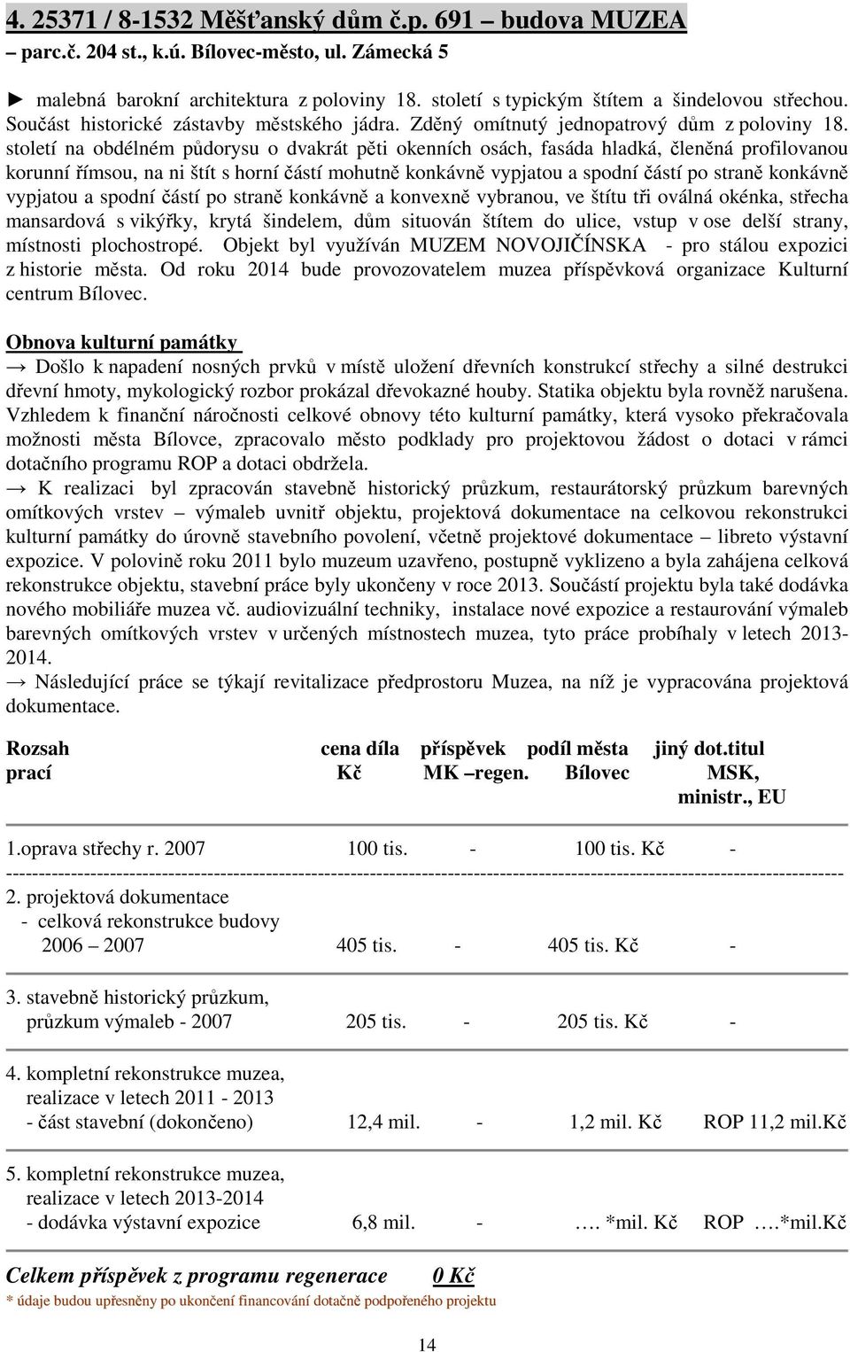 století na obdélném půdorysu o dvakrát pěti okenních osách, fasáda hladká, členěná profilovanou korunní římsou, na ni štít s horní částí mohutně konkávně vypjatou a spodní částí po straně konkávně