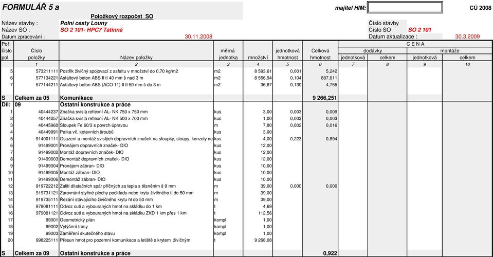 položky Název položky jednotka množství hmotnost hmotnost jednotková celkem jednotková celkem 1 2 3 4 5 6 7 8 9 10 5 573211111 Postřik živičný spojovací z asfaltu v množství do 0,70 kg/m2 m2 8 593,61