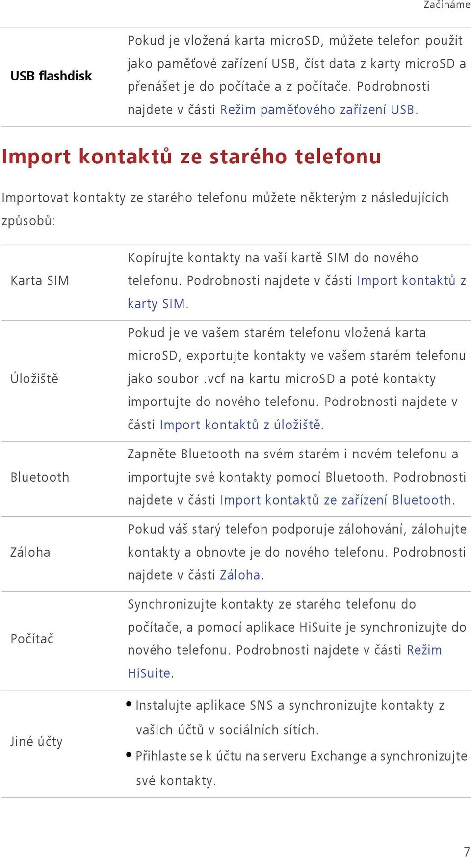 Import kontaktů ze starého telefonu Importovat kontakty ze starého telefonu můžete některým z následujících způsobů: Karta SIM Úložiště Bluetooth Záloha Počítač Kopírujte kontakty na vaší kartě SIM
