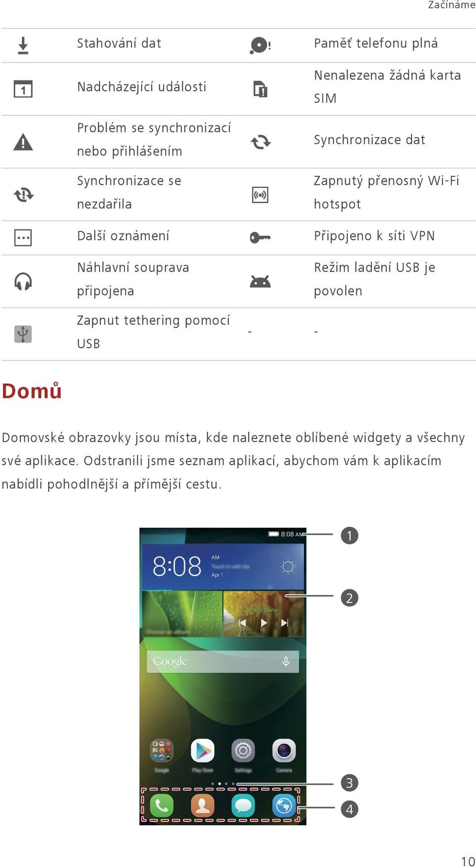 přenosný Wi-Fi hotspot Připojeno k síti VPN Režim ladění USB je povolen - - Domů Domovské obrazovky jsou místa, kde naleznete