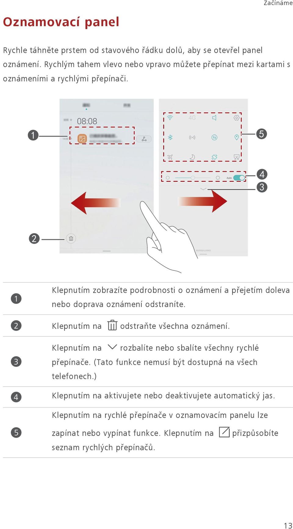 1 Klepnutím zobrazíte podrobnosti o oznámení a přejetím doleva nebo doprava oznámení odstraníte. 2 Klepnutím na odstraňte všechna oznámení.