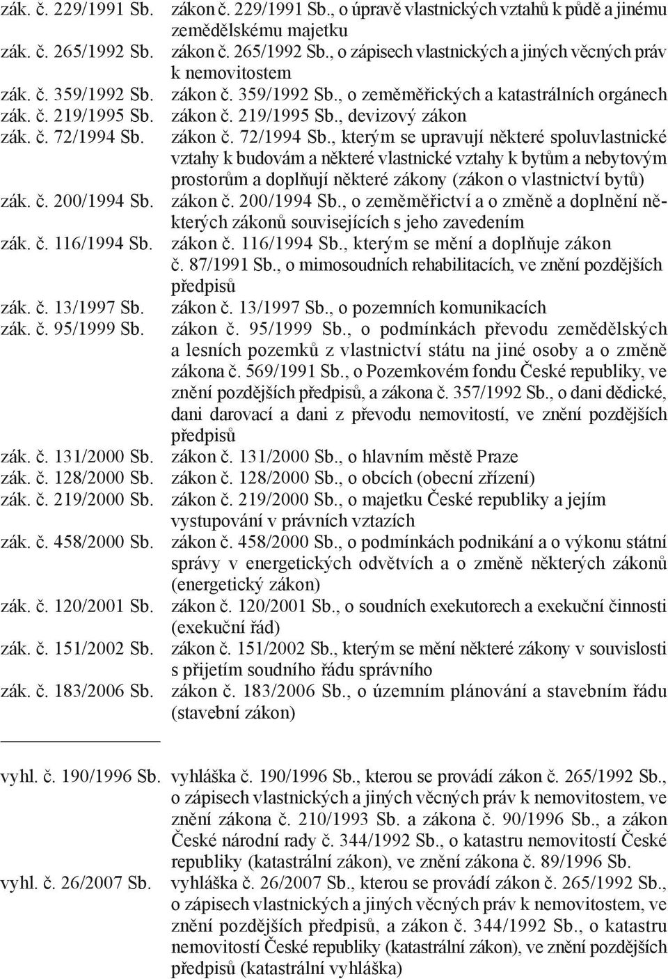 , o úpravě vlastnických vztahů k půdě a jinému zemědělskému majetku zákon č. 265/1992 Sb., o zápisech vlastnických a jiných věcných práv k nemovitostem zákon č. 359/1992 Sb.