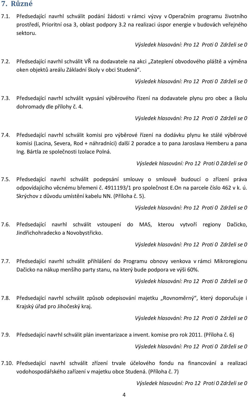 7.3. Předsedající navrhl schválit vypsání výběrového řízení na dodavatele plynu pro obec a školu dohromady dle přílohy č. 4.