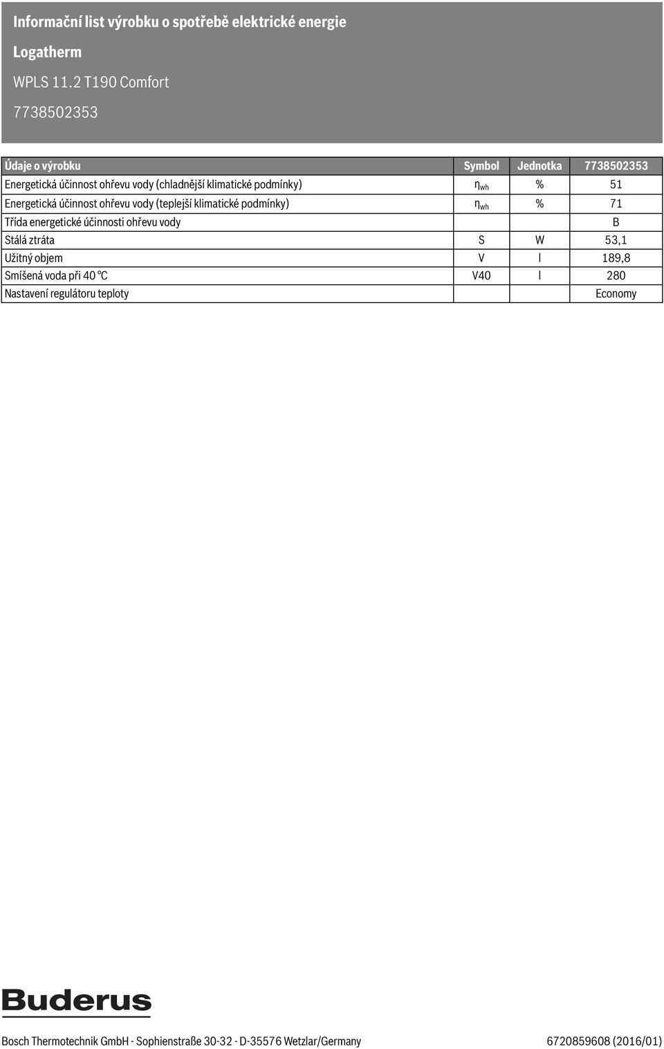 Třída energetické účinnosti ohřevu vody Stálá ztráta S W 53,1 Užitný objem V l 189,8 Smíšená voda při 40 V40 l 280