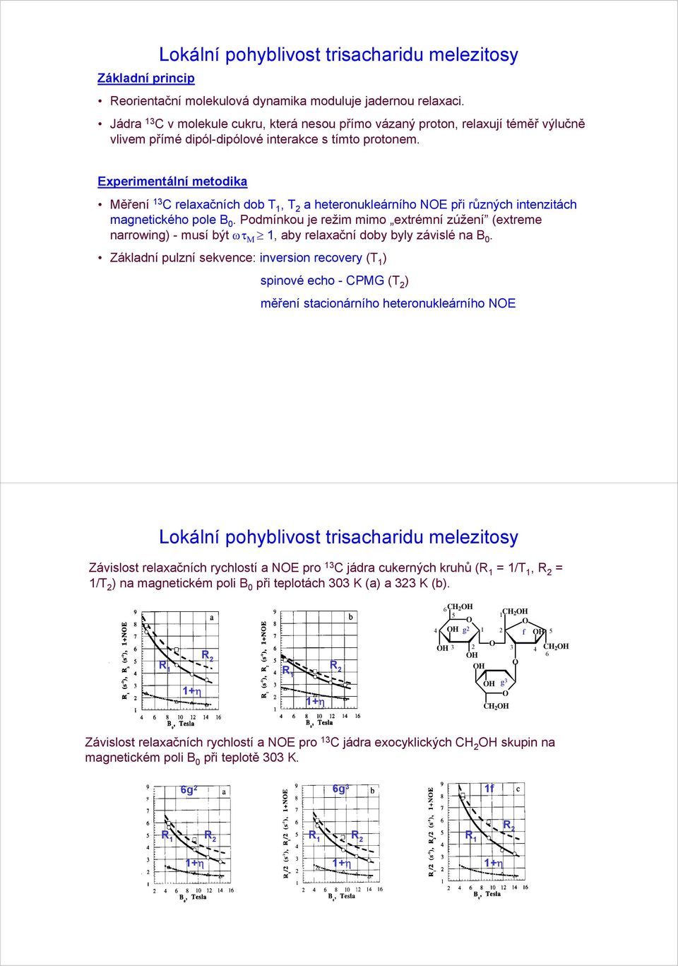 Eperimentální metodika Měření 3 relaačních dob T, T 2 a heteronukleárního NE při různých intenzitách magnetického pole B 0.