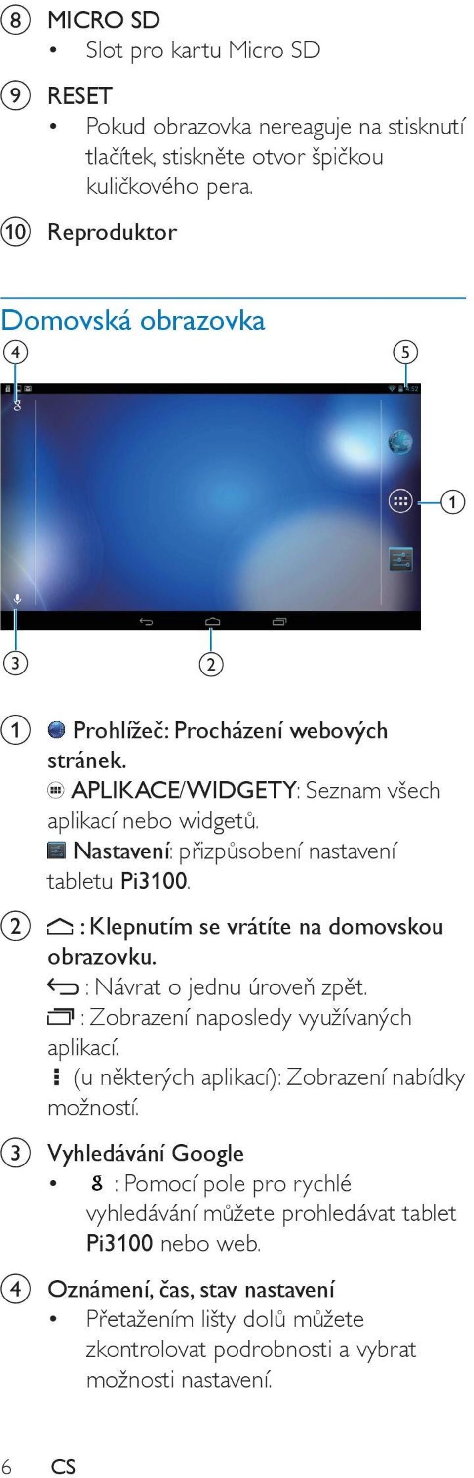 Nastavení: přizpůsobení nastavení tabletu Pi3100. : Klepnutím se vrátíte na domovskou obrazovku. : Návrat o jednu úroveň zpět. : Zobrazení naposledy využívaných aplikací.