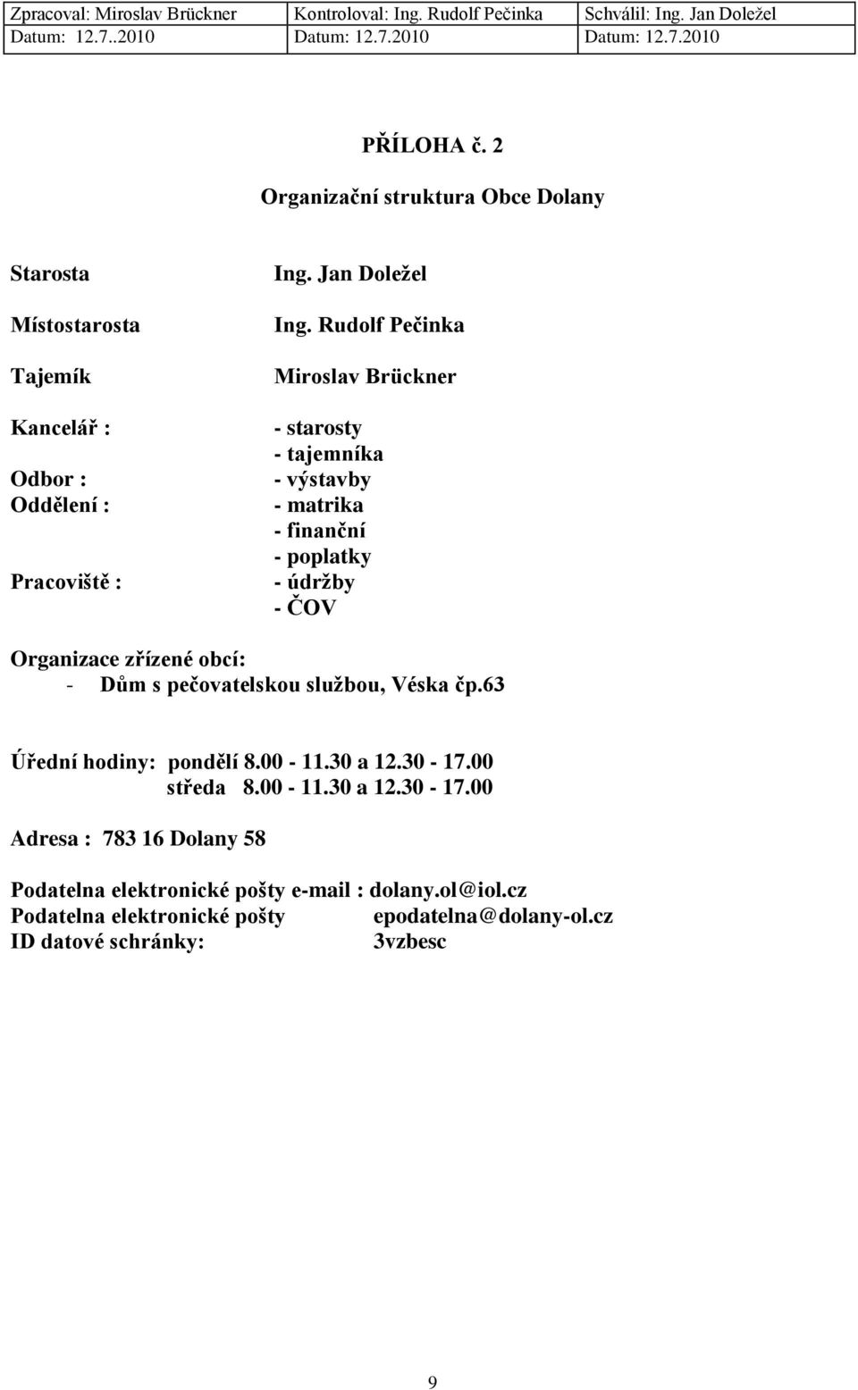 Dům s pečovatelskou službou, Véska čp.63 Úřední hodiny: pondělí 8.00-11.30 a 12.30-17.