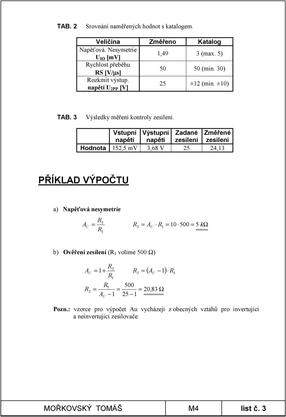 Vstupní Výstupní Zadané Změřené napětí napětí zesílení zesílení Hodnota 15,5 mv 3,68 V 5 4,13 PŘÍKLAD VÝPOČTU a) Napěťová nesymetrie U 10 500 5 = = A 1 =