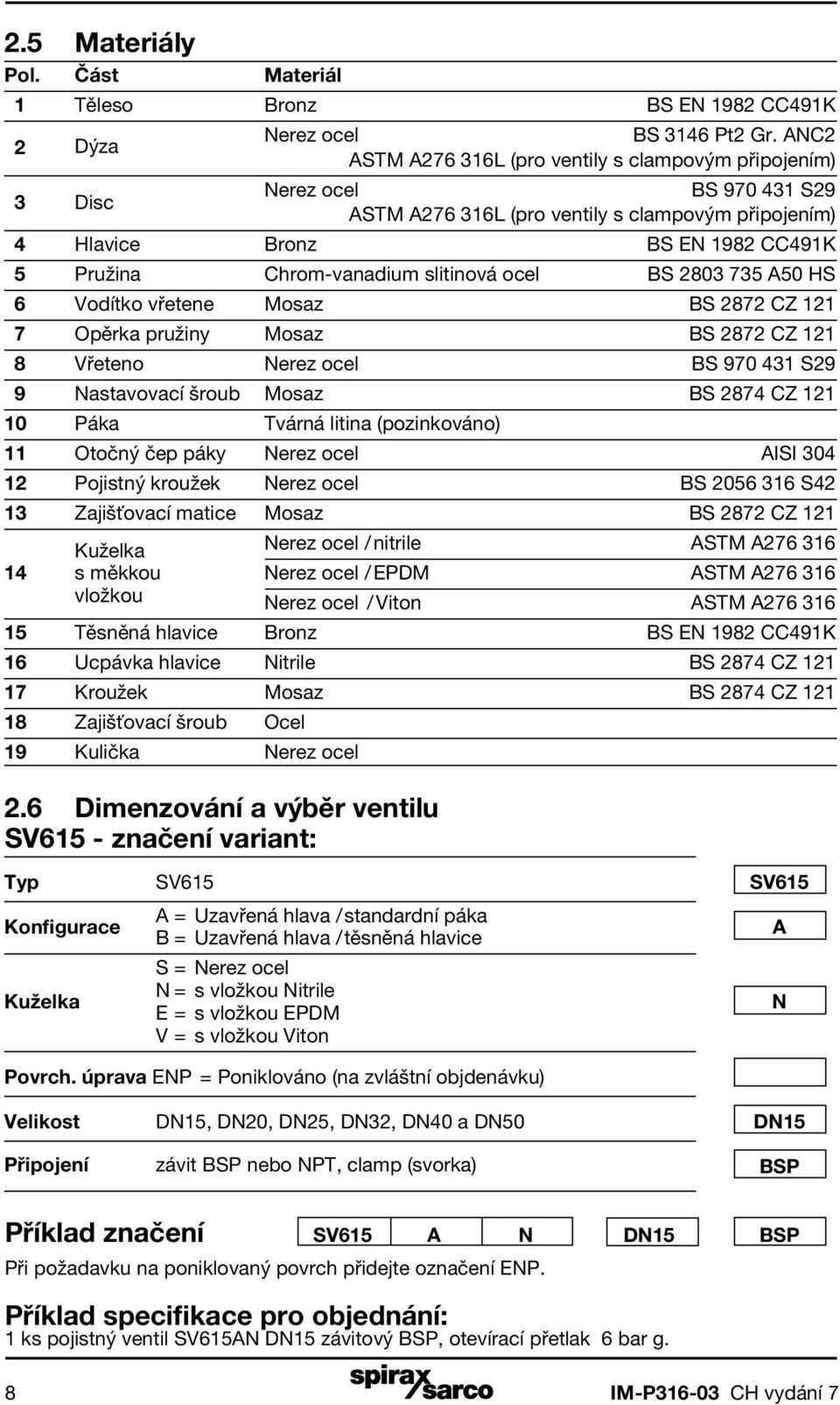 slitinová ocel BS 2803 735 A50 HS 6 Vodítko vřetene Mosaz BS 2872 CZ 121 7 Opěrka pružiny Mosaz BS 2872 CZ 121 8 Vřeteno Nerez ocel BS 970 431 S29 9 Nastavovací šroub Mosaz BS 2874 CZ 121 10 Páka