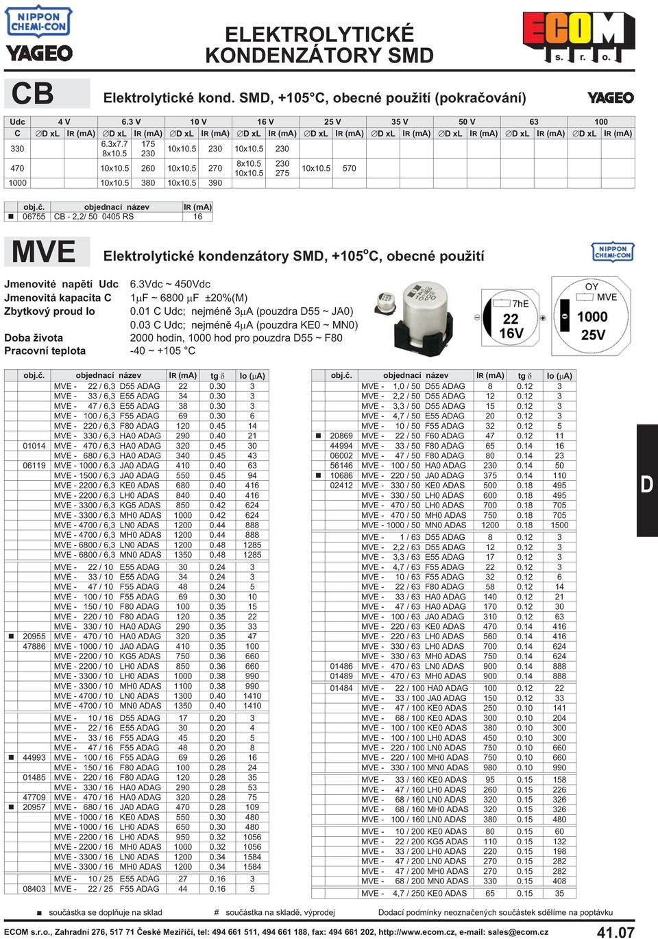 objednací název IR (ma) 06755 CB - 2,2/ 50 0405 RS 16 230 275 5 Elektrolytické kondenzátory SM, +105 o C, obecné pou ití Jmenovité napìtí Udc 6.