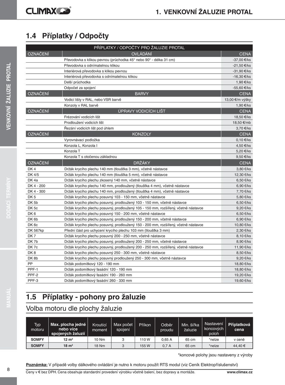 nebo VSR barvě 13,00 /m výšky Konzoly v RAL barvě 1,90 /ks OZAČEÍ ÚPRAVY VODICÍCH LIŠT CEA Frézování vodicích lišt 18,50 /ks Prodloužení vodicích lišt 18,50 /mb Řezání vodicích lišt pod úhlem 3,70