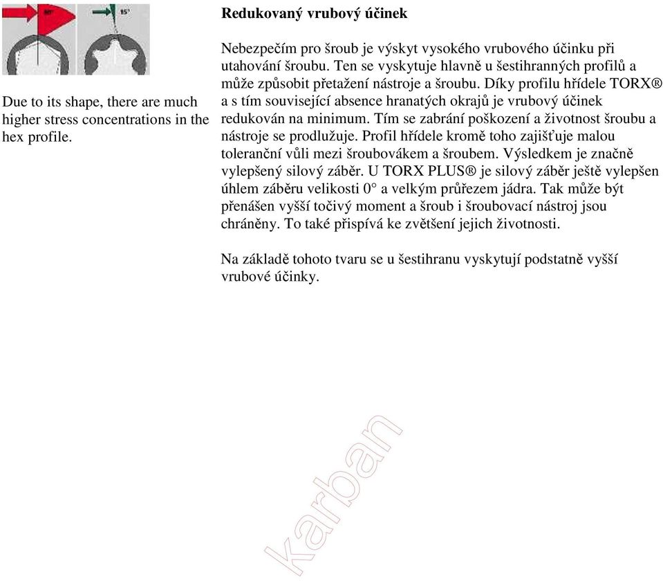 Díky profilu hřídele TORX a s tím související absence hranatých okrajů je vrubový účinek redukován na minimum. Tím se zabrání poškození a životnost šroubu a nástroje se prodlužuje.
