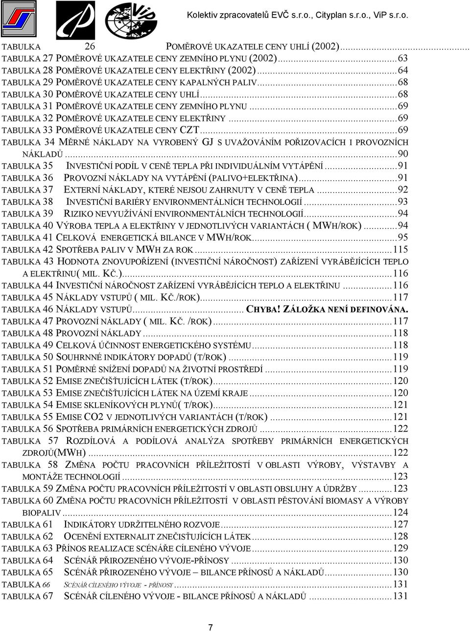 ..69 TABULKA 32 POMĚROVÉ UKAZATELE CENY ELEKTŘINY...69 TABULKA 33 POMĚROVÉ UKAZATELE CENY CZT...69 TABULKA 34 MĚRNÉ NÁKLADY NA VYROBENÝ GJ S UVAŽOVÁNÍM POŘIZOVACÍCH I PROVOZNÍCH NÁKLADŮ.