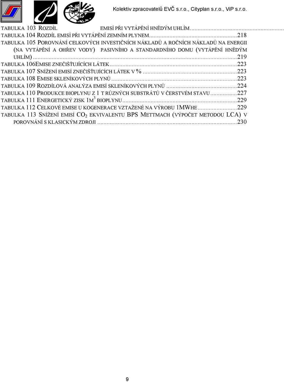..219 TABULKA 106EMISE ZNEČIŠŤUJÍCÍCH LÁTEK...223 TABULKA 107 SNÍŽENÍ EMISÍ ZNEČIŠŤUJÍCÍCH LÁTEK V %...223 TABULKA 108 EMISE SKLENÍKOVÝCH PLYNŮ.