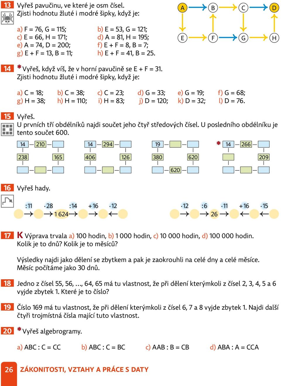 E + F = 41, B = 25. E F G H 14 * Vyřeš, když víš, že v horní pavučině se E + F = 31.