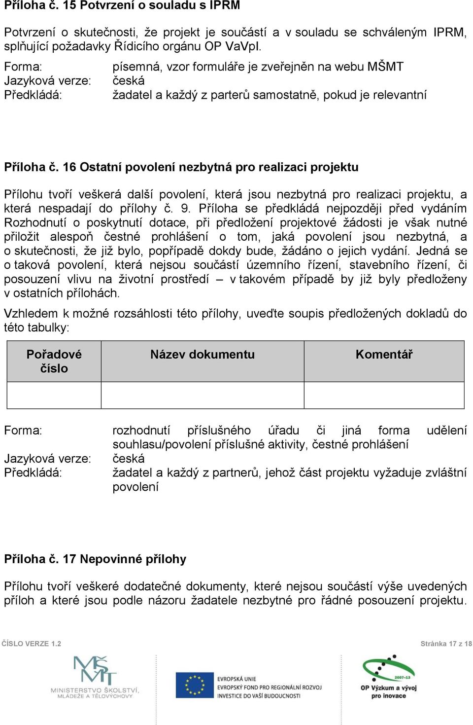 16 Ostatní povolení nezbytná pro realizaci projektu Přílohu tvoří veškerá další povolení, která jsou nezbytná pro realizaci projektu, a která nespadají do přílohy č. 9.