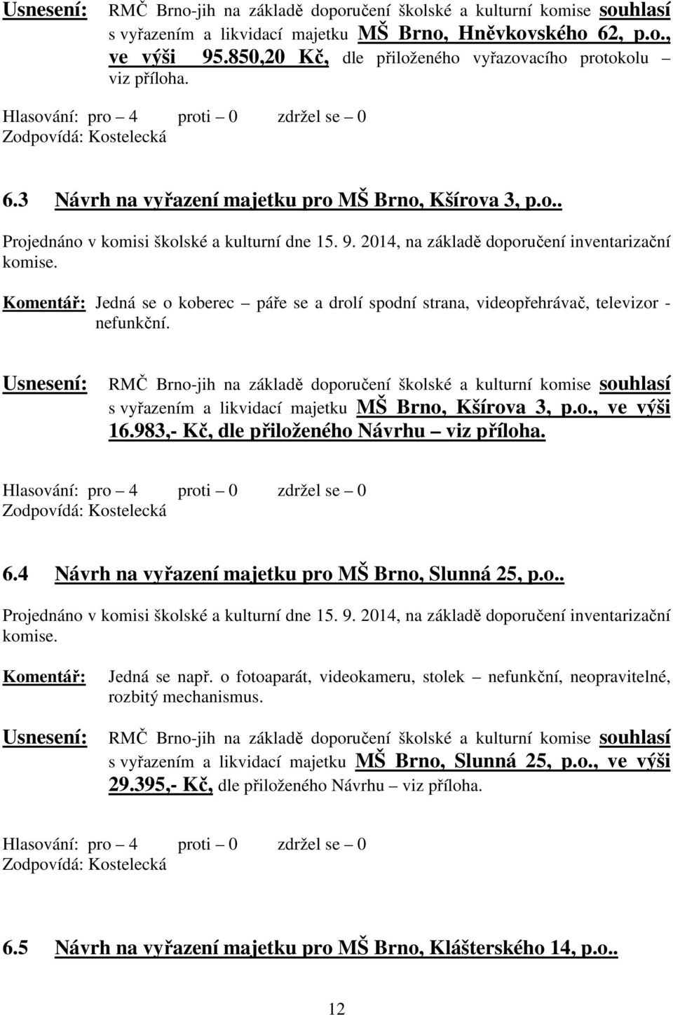 2014, na základě doporučení inventarizační komise. Komentář: Jedná se o koberec páře se a drolí spodní strana, videopřehrávač, televizor - nefunkční.