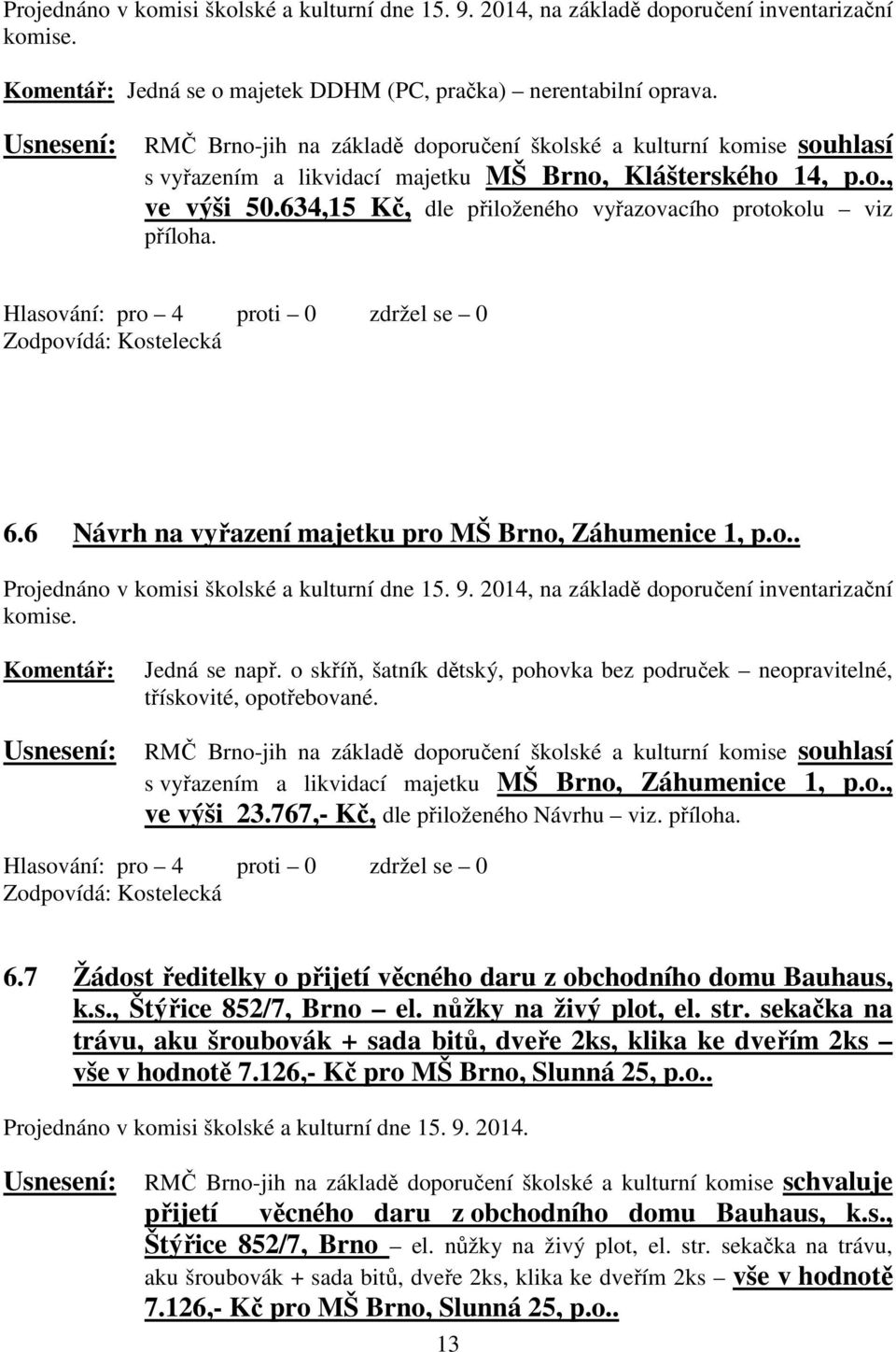 634,15 Kč, dle přiloženého vyřazovacího protokolu viz příloha. 6.6 Návrh na vyřazení majetku pro MŠ Brno, Záhumenice 1, p.o.. Projednáno v komisi školské a kulturní dne 15. 9.