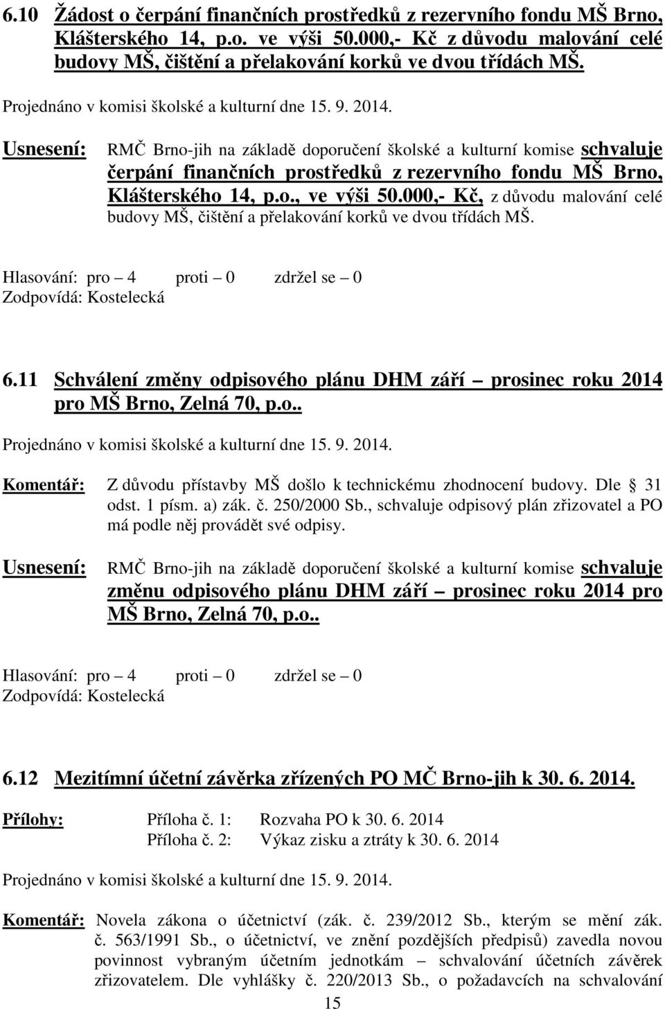 RMČ Brno-jih na základě doporučení školské a kulturní komise schvaluje čerpání finančních prostředků z rezervního fondu MŠ Brno, Klášterského 14, p.o., ve výši 50.