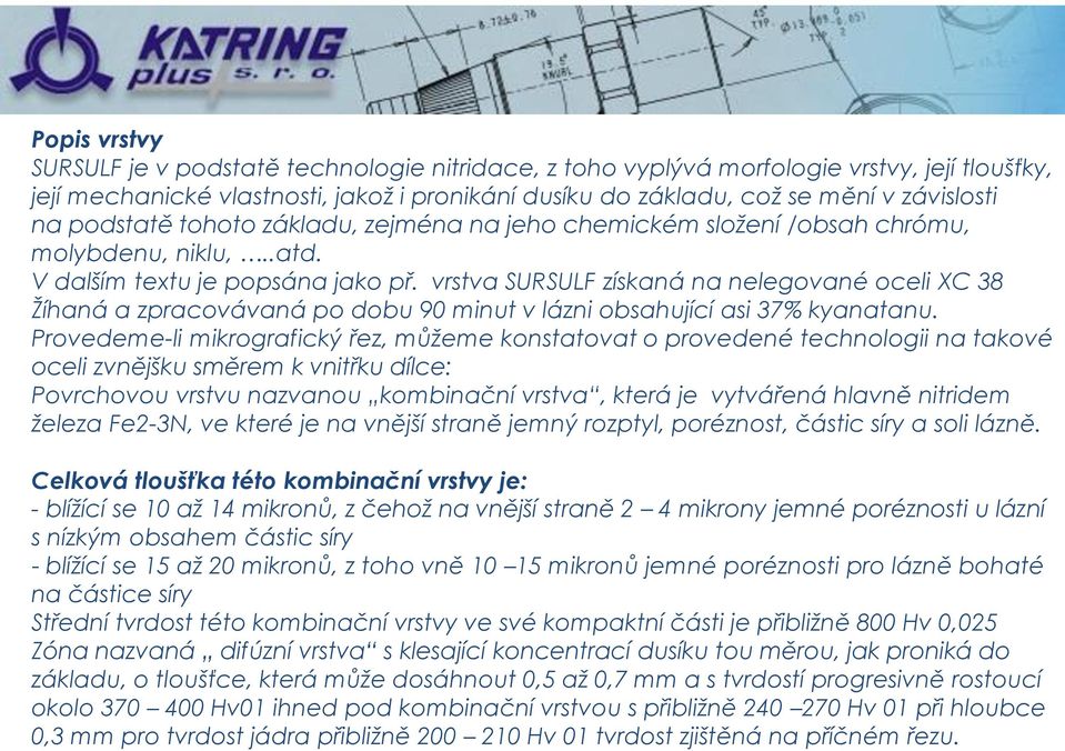 vrstva SURSULF získaná na nelegované oceli XC 38 Žíhaná a zpracovávaná po dobu 90 minut v lázni obsahující asi 37% kyanatanu.