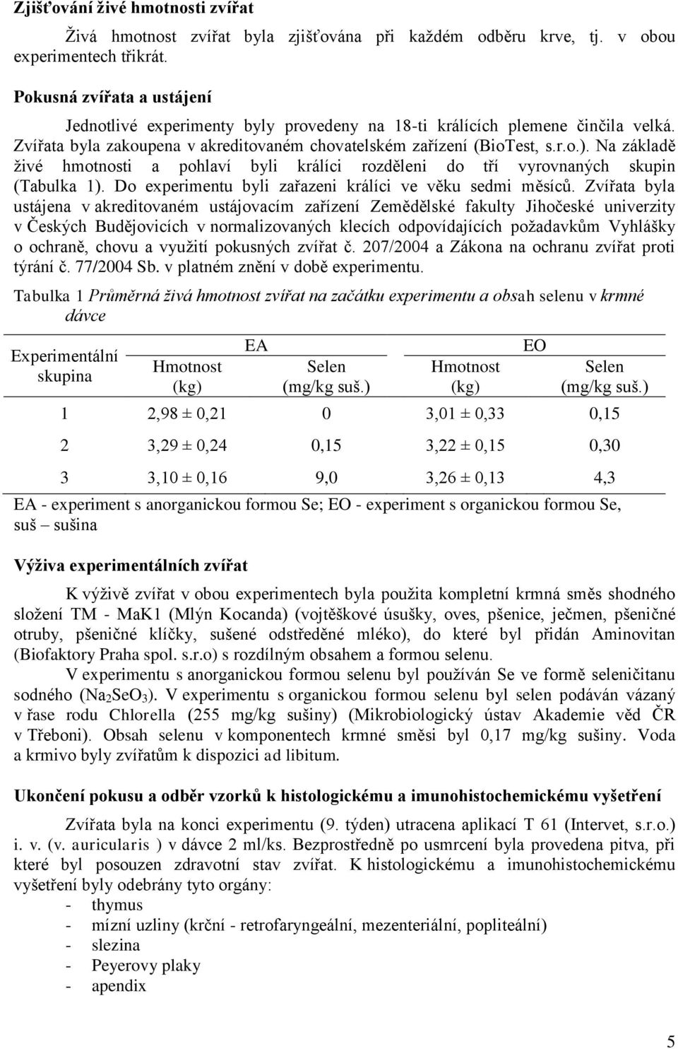 Na základě živé hmotnosti a pohlaví byli králíci rozděleni do tří vyrovnaných skupin (Tabulka 1). Do experimentu byli zařazeni králíci ve věku sedmi měsíců.