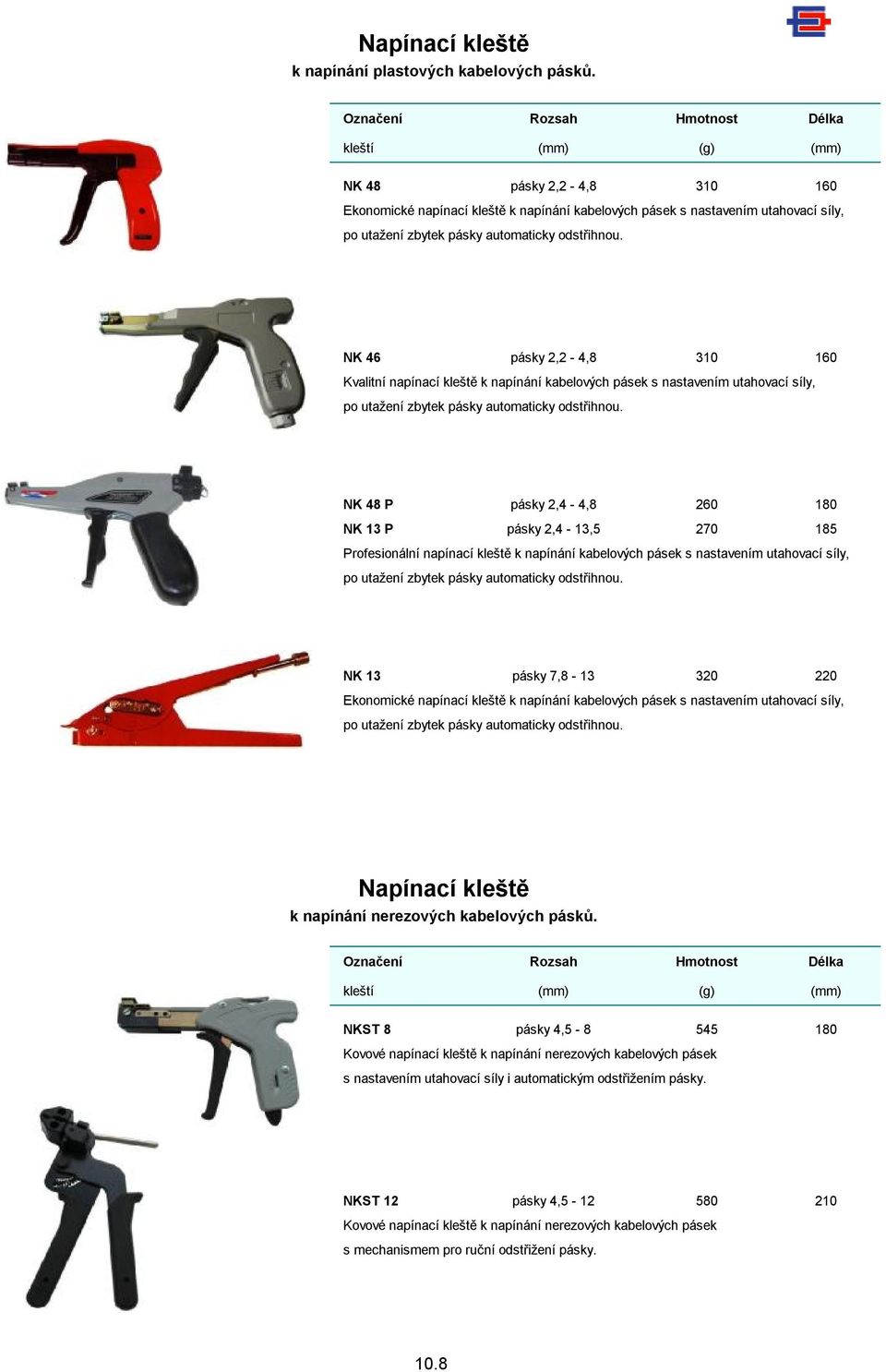 odstřihnou. NK 46 pásky 2,2-4,8 310 160 Kvalitní napínací kleště k napínání kabelových pásek s nastavením utahovací síly, po utažení zbytek pásky automaticky odstřihnou.