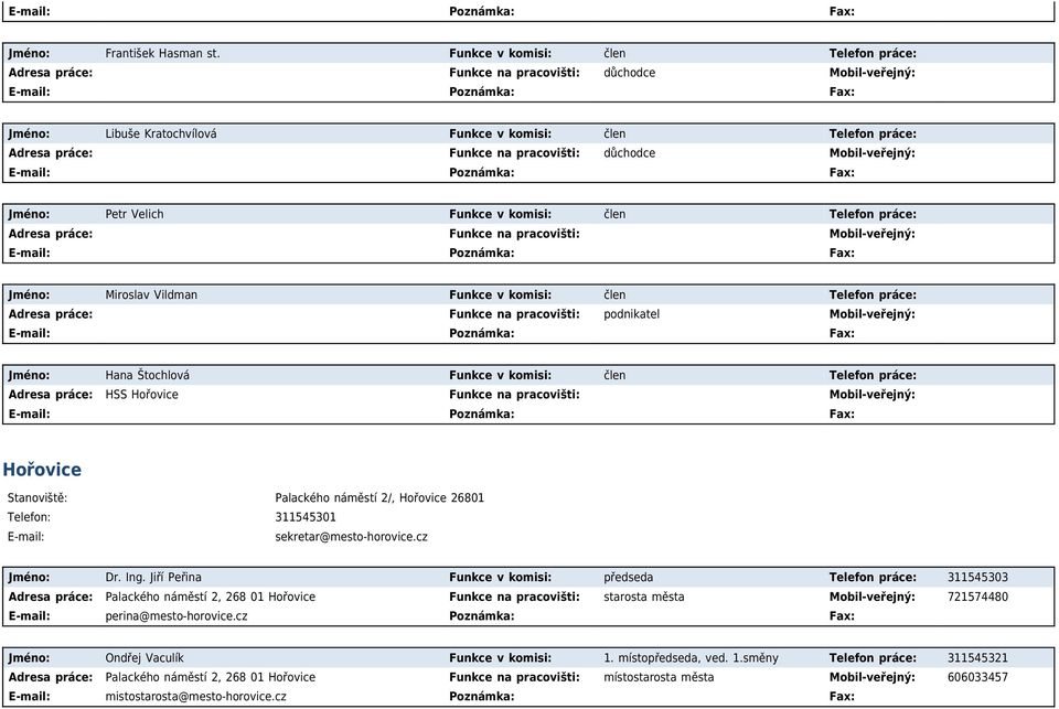 člen Telefon práce: Funkce na pracovišti: Jméno: Miroslav Vildman Funkce v komisi: člen Telefon práce: Funkce na pracovišti: podnikatel Jméno: Hana Štochlová Funkce v komisi: člen Telefon práce: HSS