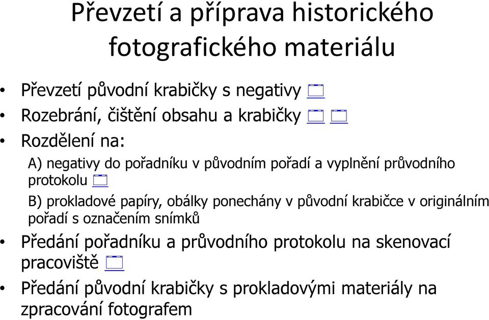 prokladové papíry, obálky ponechány v původní krabičce v originálním pořadí s označením snímků Předání pořadníku a
