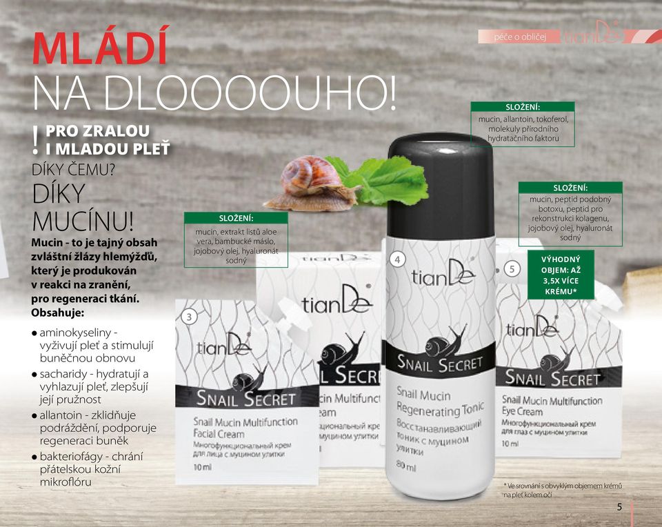 zbakteriofágy - chrání přátelskou kožní mikroflóru 3 SLOŽENÍ: mucin, extrakt listů aloe vera, bambucké máslo, jojobový olej, hyaluronát sodný 4 péče o obličej SLOŽENÍ: mucin, allantoin, tokoferol,