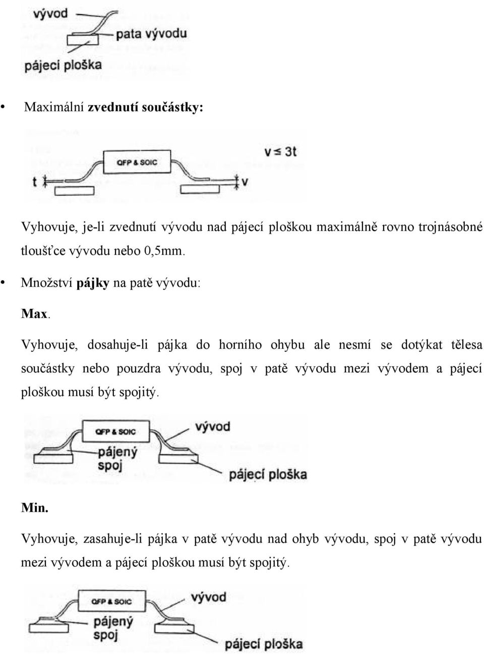 Vyhovuje, dosahuje-li pájka do horního ohybu ale nesmí se dotýkat tělesa součástky nebo pouzdra vývodu, spoj v patě