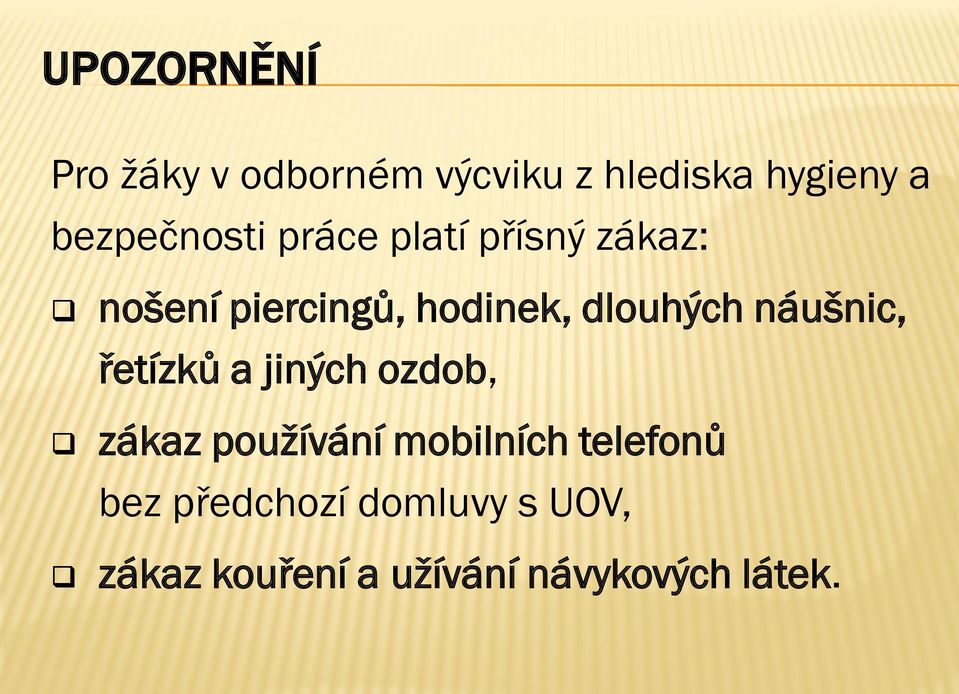 dlouhých náušnic, řetízků a jiných ozdob, zákaz používání mobilních