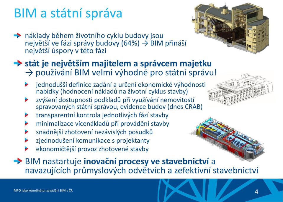 jednodušší definice zadání a určení ekonomické výhodnosti nabídky (hodnocení nákladů na životní cyklus stavby) zvýšení dostupnosti podkladů při využívání nemovitostí spravovaných státní správou,