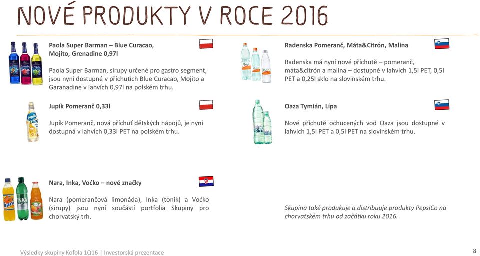 Radenska Pomeranč, Máta&Citrón, Malina Radenska má nyní nové příchutě pomeranč, máta&citrón a malina dostupné v lahvích 1,5l PET, 0,5l PET a 0,25l sklo na slovinském trhu.