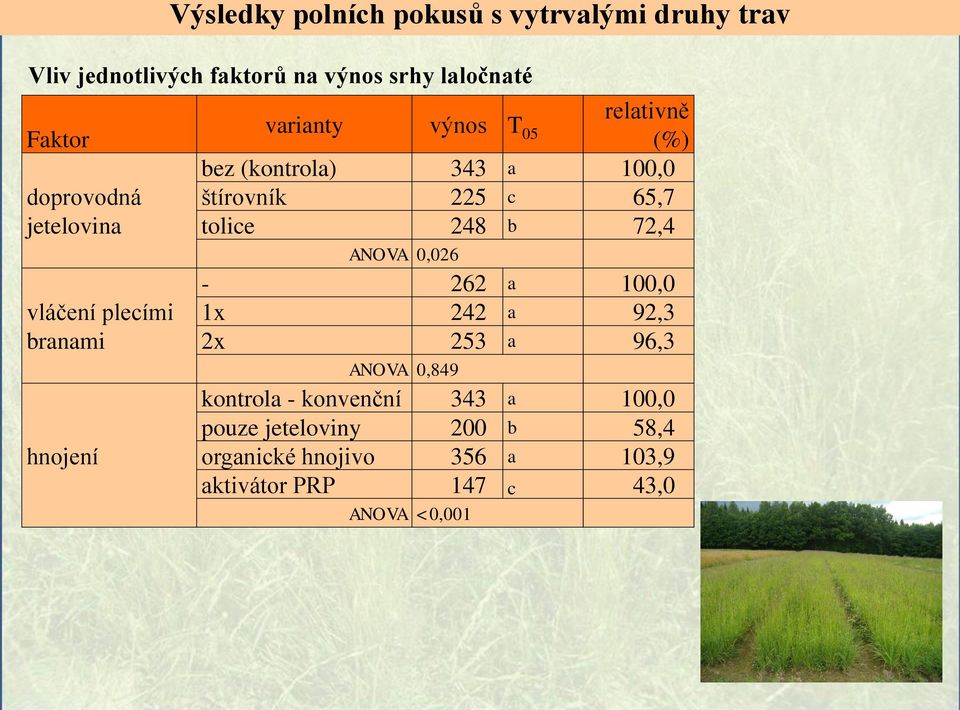 štírovník 225 c 65,7 tolice 248 b 72,4 ANOVA 0,026 262 a 100,0 1x 242 a 92,3 2x 253 a 96,3 ANOVA 0,849