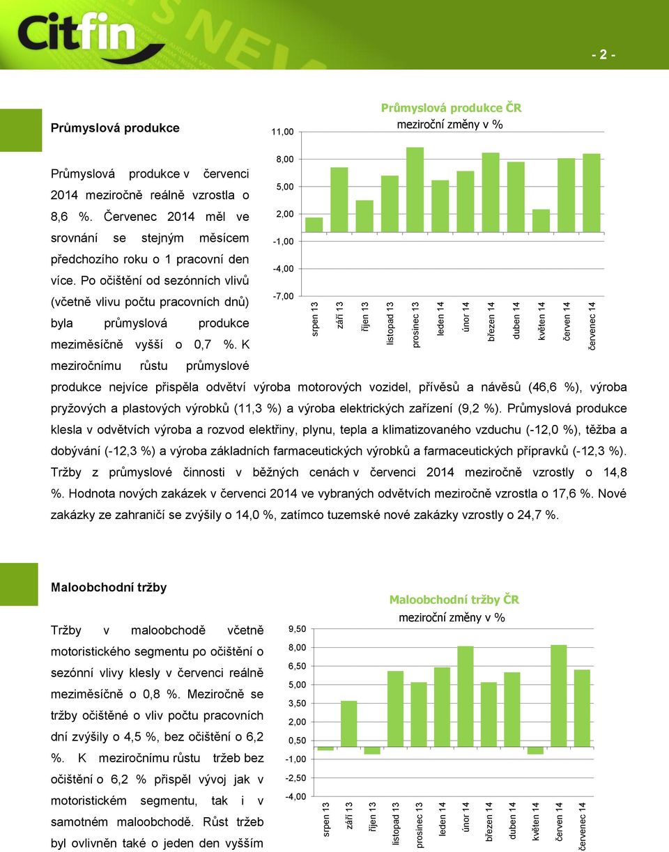 Červenec 2014 měl ve 2,00 srovnání se stejným měsícem -1,00 předchozího roku o 1 pracovní den více.