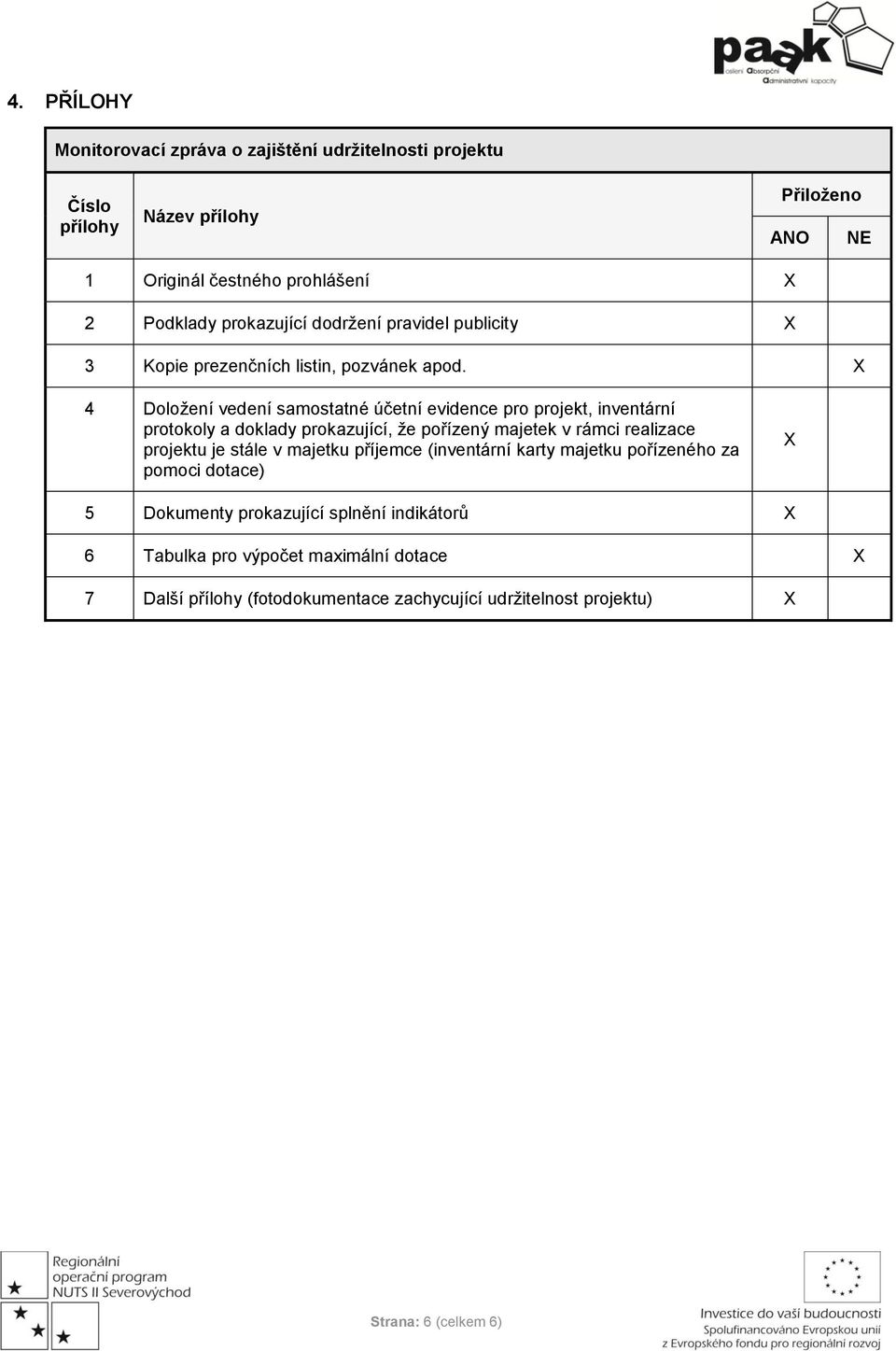 X 4 Doložení vedení samostatné účetní evidence pro projekt, inventární protokoly a doklady prokazující, že pořízený majetek v rámci realizace projektu je stále v