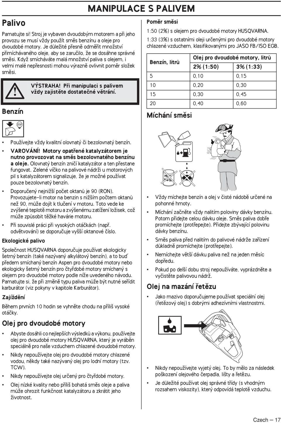 KdyÏ smícháváte malá mnoïství paliva s olejem, i velmi malé nepfiesnosti mohou v raznû ovlivnit pomûr sloïek smûsi. Benzín V STRAHA Pfii manipulaci s palivem vïdy zajistûte dostateãné vûtrání.